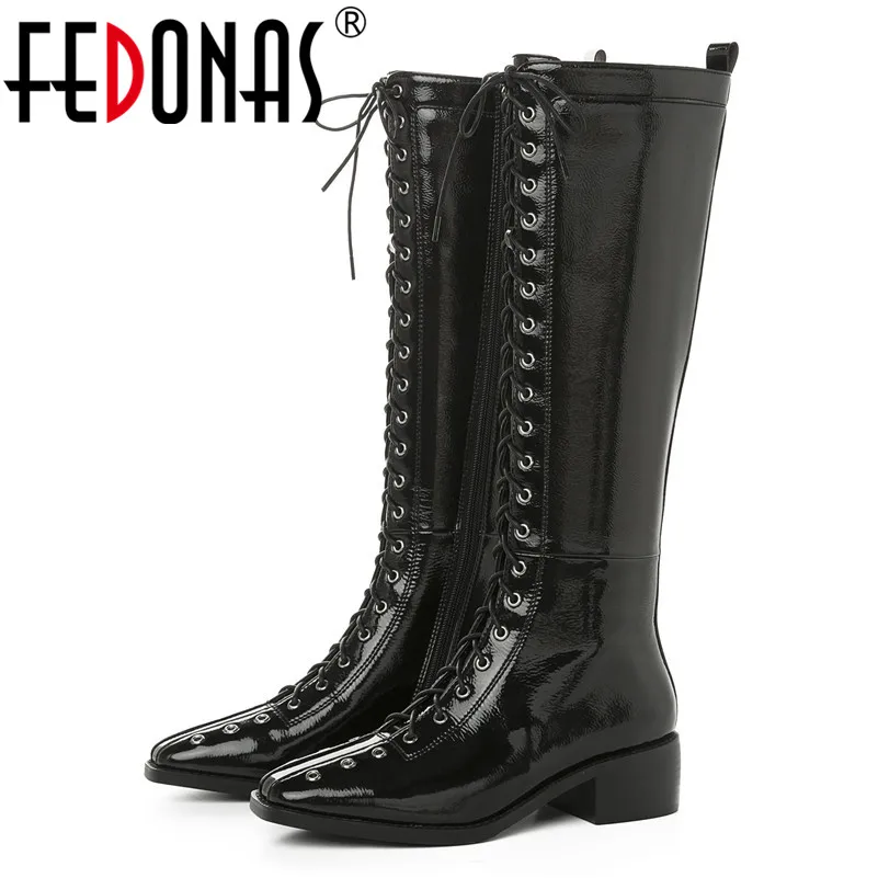 

FEDONAS Women Genuine Leather Knee High Boots Zipper Cross-tied Night Club Shoes Woman Autumn Winter Warm Punk Motorcycle Boots