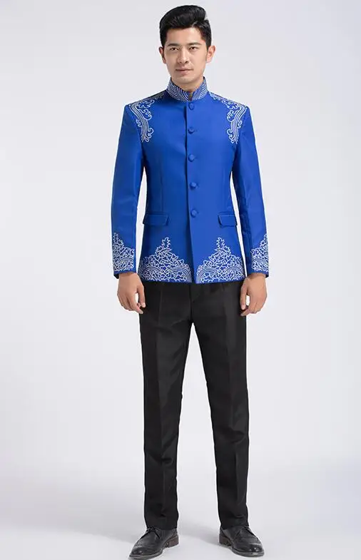 Китайский стиль вышитый мужской деловой/маскарадный костюм профессиональное торжественное платье традиционная китайская туника для мужчин - Цвет: Синий