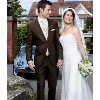 

Custom Made Groom Tuxedo Chocolate Groomsmen Peak Lapel Wedding Dinner mens Suits Best Bridegroom men suit (Jacket+Pants+Vest)
