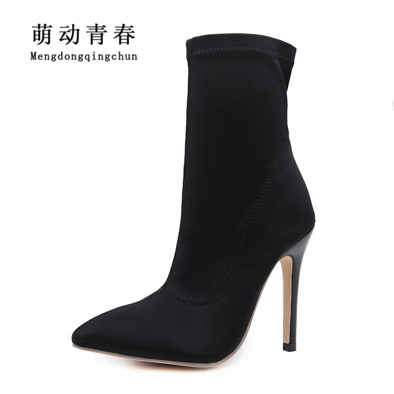 

2018 New Women Boots Fashion Pointed Toe Stretch Fabric Ankle Boots Autumn Winter Thin Heel Side Zipper Comfortable Botas Bootie