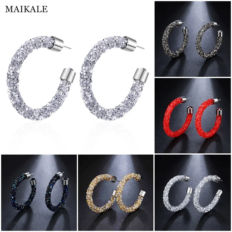 

MAIKALE New C Round Big Earrings Colorful Austrian Crystal Earring Shiny Rhinestone Hoop Earrings for Women Girls Jewelry Gifts