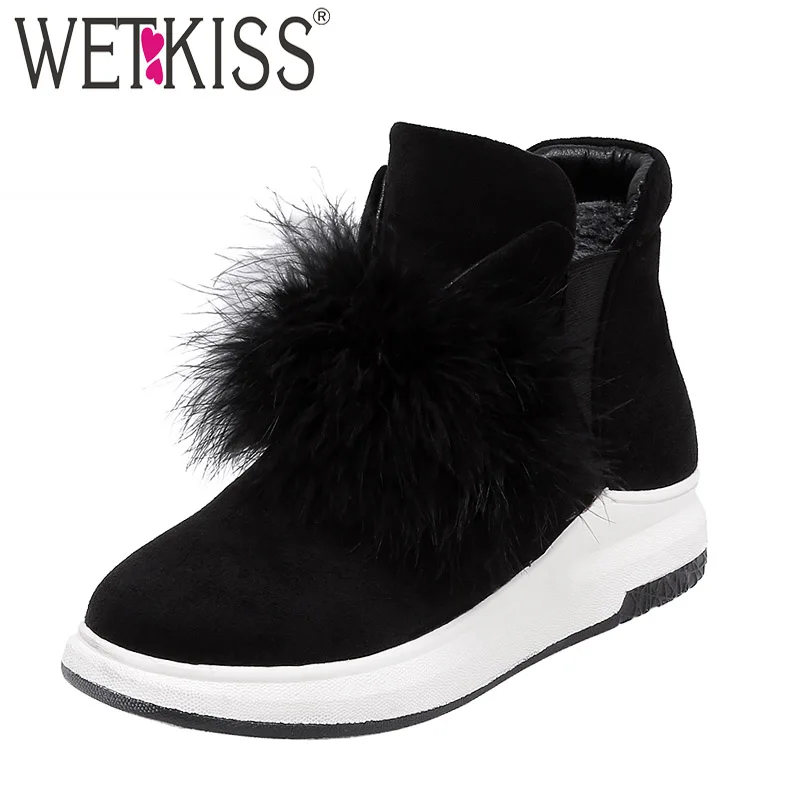 WETKISS/женские ботильоны на меху обувь из флока с круглым носком зимние женские