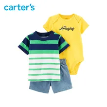 3pcs striped Tee bodysuit chambray shorts clothing sets Carter s baby Boy soft cotton Summer 121I416