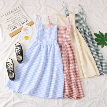 

2019 Summer new Women's clothing Korean version of the sweet small fresh plaid high waist was thin Sling Open back dresses RQ149