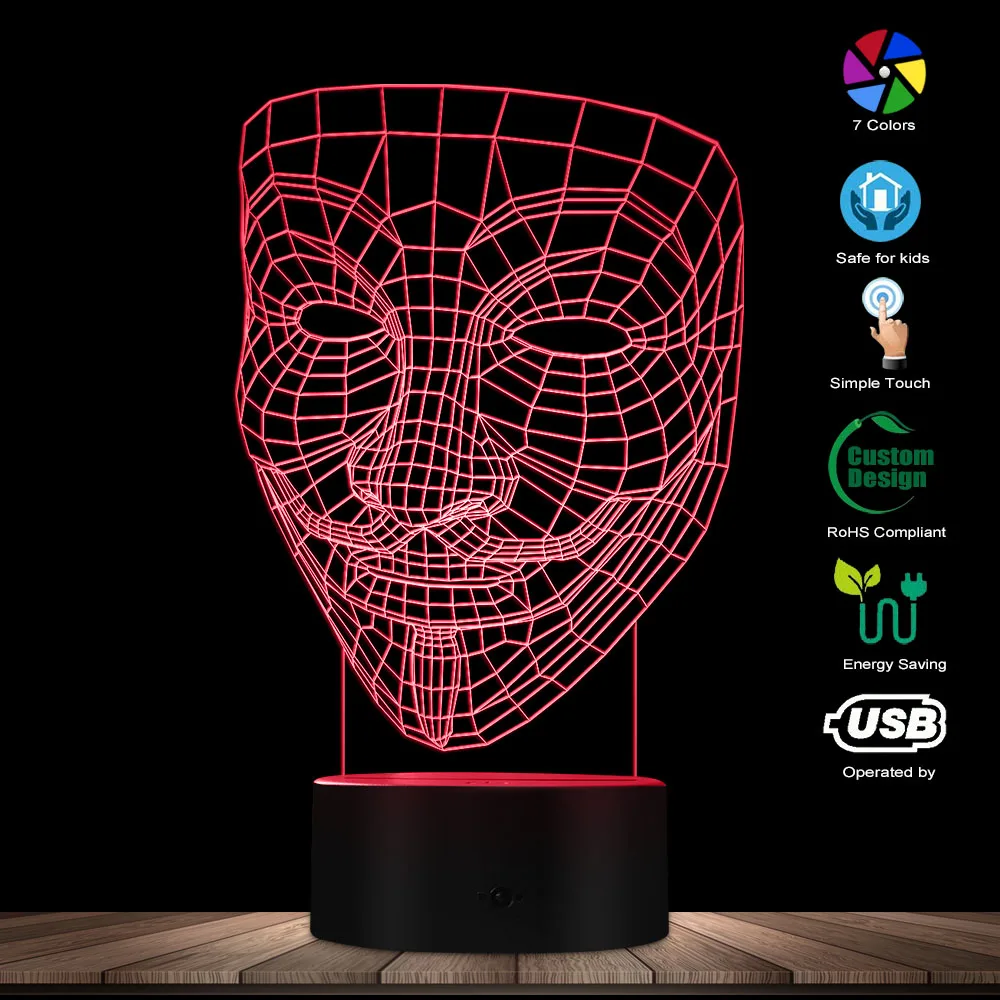 V для вендетты 3D оптический иллюзионный ночной Светильник Disobey Anonymous Guy Fawkes маска вечерние декоративный светильник светящийся светодиодный Настольный светильник
