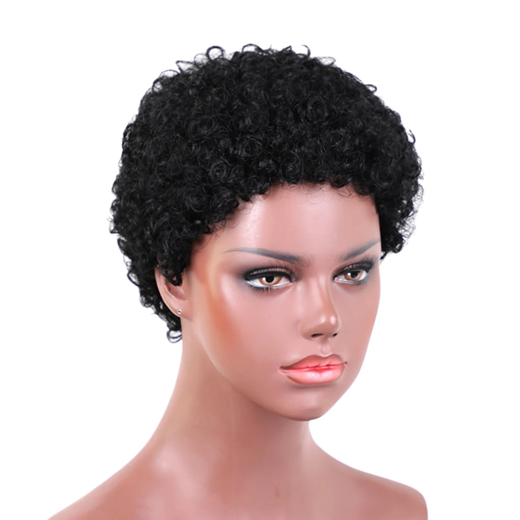 Afro Short Wig Curly 8 Inches Short Kinky Wigs for Black Women Human Hair Wigs with Wig Cap- Black short inclined bang layered shaggy slightly curly human hair wig