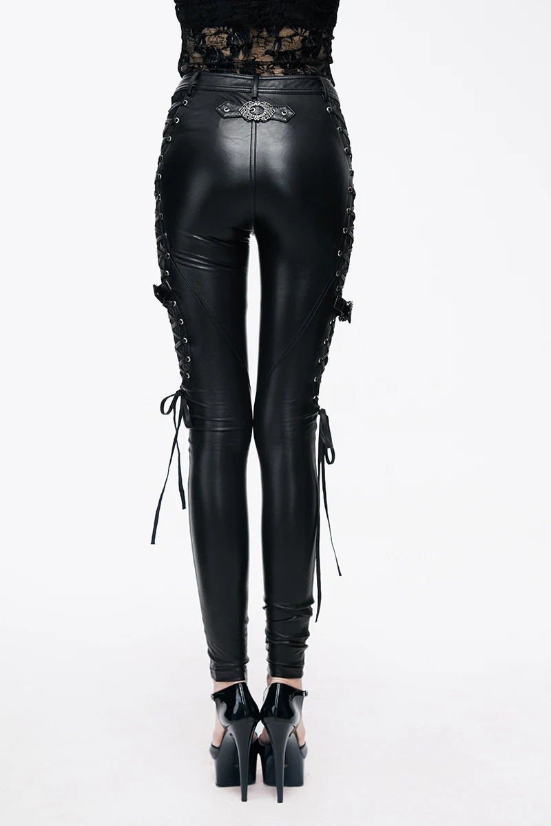 Devil модные панковские Женские брюки из искусственной кожи с завязками по бокам, готические сексуальные кружевные Стрейчевые брюки с вырезами, черные облегающие брюки