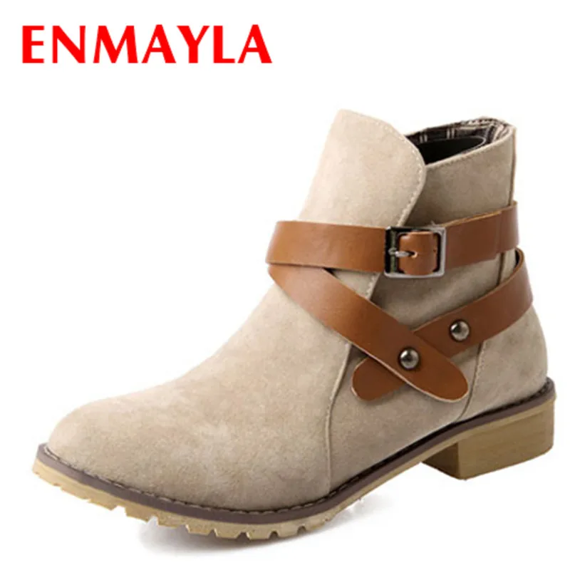 

ENMAYER new autumn buckle BIG SIZE women ankle boots Black Yellow Apricot color square heel flats suede shoes boots round