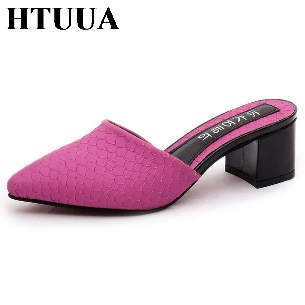 

HTUUA 2019 Spring Summer PU Leather Mules Shoes Women Slippers Pointed Toe Chunky Heel Slides Ladies Shoes Woman Sandals SX2533