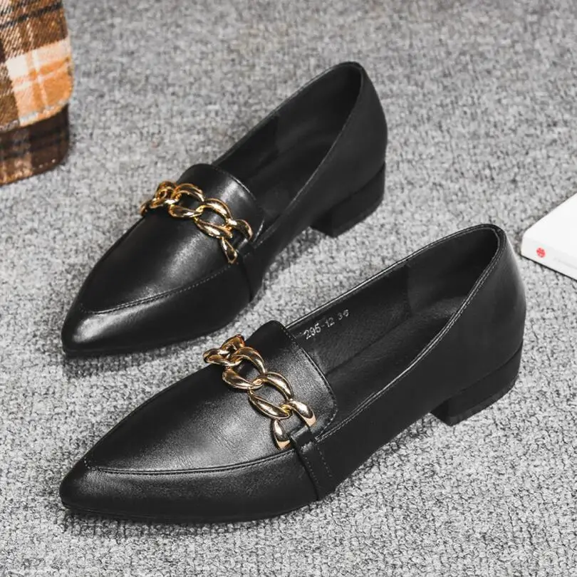 metal chain decoration flat shoes woman pointed toe slip on loafers chains mules designer black leather flats women creeper y749