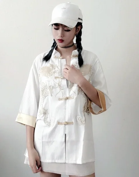 NiceMix шикарный бомбер в винтажном китайском стиле Harajuku Дракон вышивка куртка костюм Тан атласный кардиган с длинными рукавами Свободное пальто - Цвет: Белый