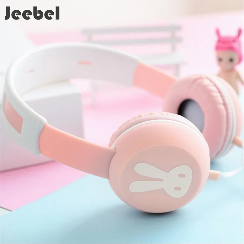 Jeebel Cute Rabbit Headphone Stereo Bass Headphones Microphone Portable Wired Headset Kids Girls