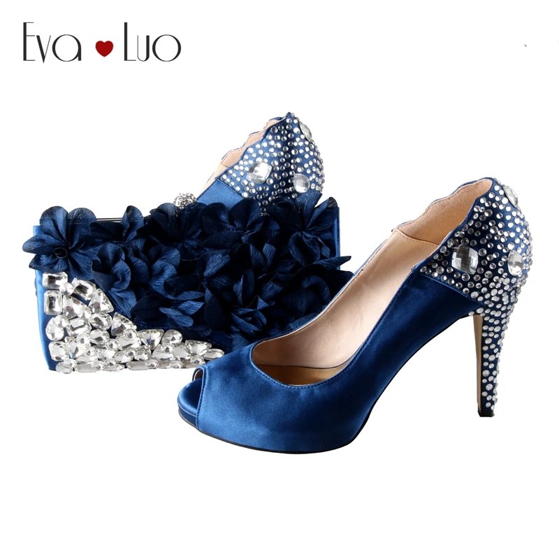 BS010 Navy Blue Rhinestones Petal African Shoes With Matching Bag Set ...