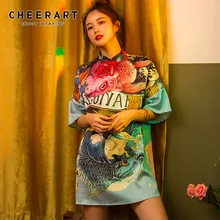 Cheerart Mini vestido Vintage de verano para mujeres con cuello mandarín estilo chino con motivos de pescado una línea Vestido corto 2019 ropa