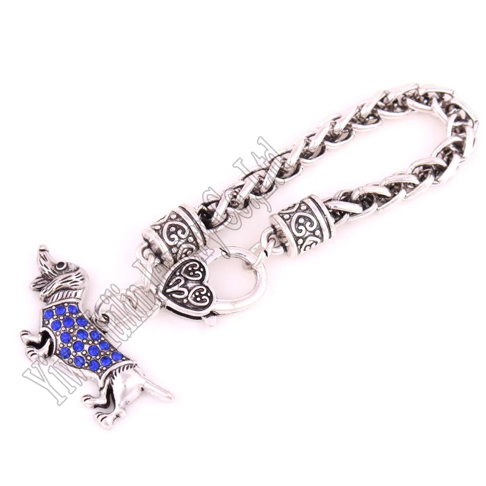 Родием цинковый усыпанный сверкающими Кристалл такса милая собака кулон браслет 15 см длины для ребенка