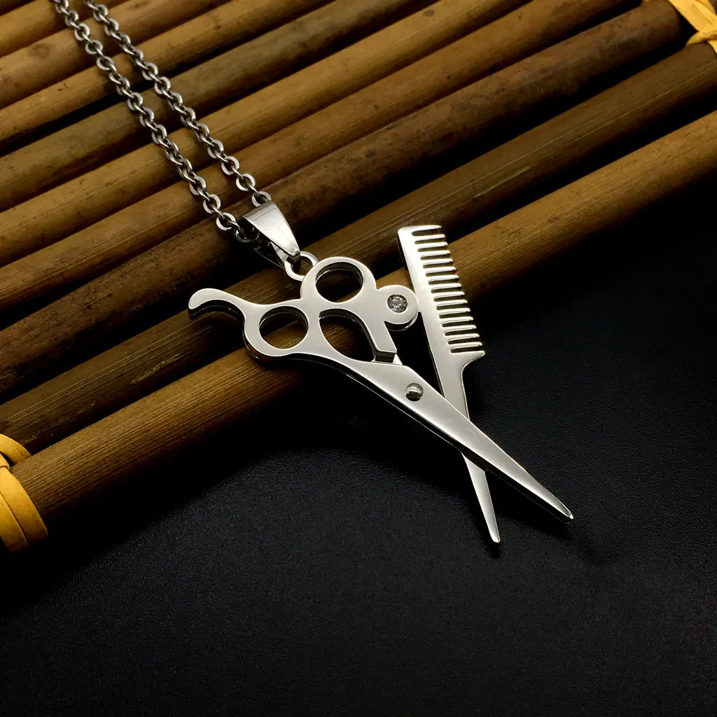 Hip Hop Scissor Comb Pendants Necklaces Stainless Steel Stylist Men Jewelry