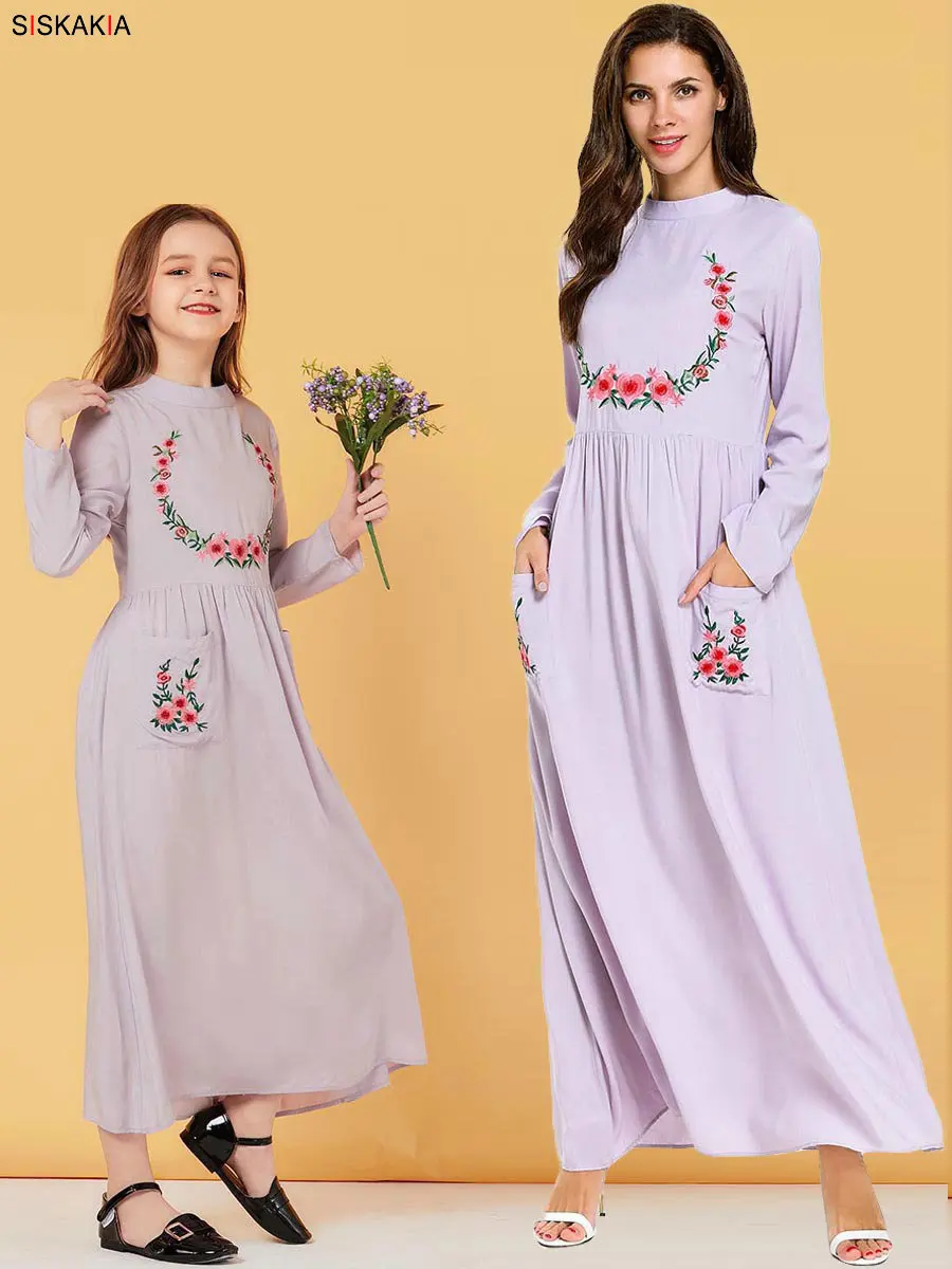 Mother Daughter Dresses Fall Cute Pockets Patch Floral Embroidery Full Sleeve Dress Elegant Family Matching Clothes Muslim