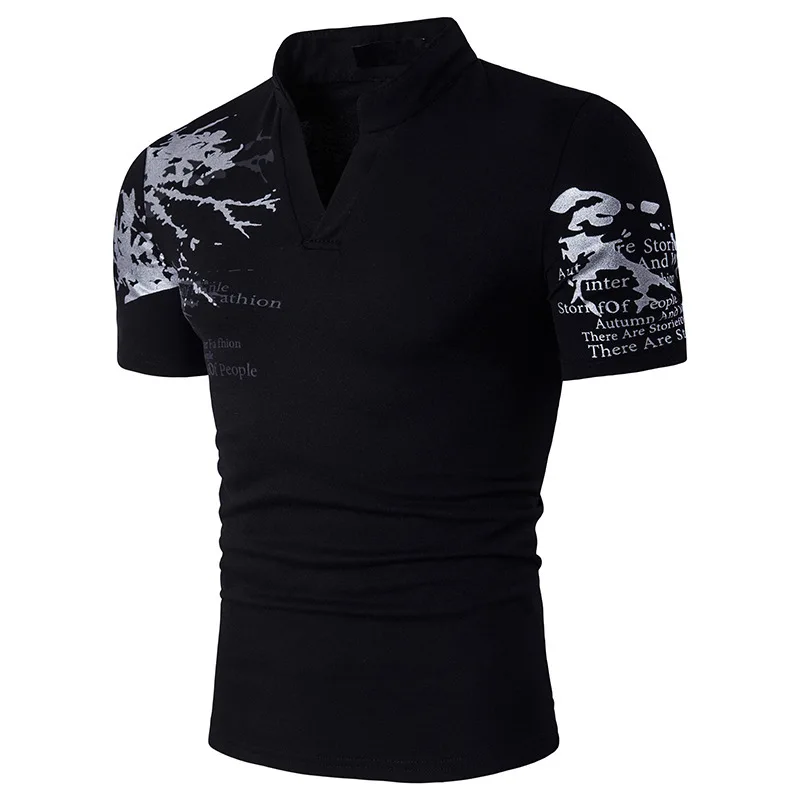 

DropshippingNew 4 Colors Men's Casual Slim T Shirt Print Stand Collar Short-sleeved T-shirt US SIZE