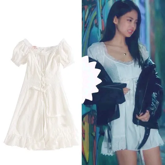 

kpop Blackpink JENNIE same slim one word shoulders white fairy dress women streetwear sweet off-shoulders dresses girl clothes