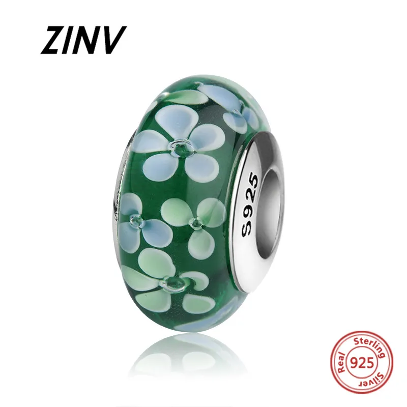 ZINV зеленый муранское стекло талисманы Серебро 925 бусины с лепестком цветка fit