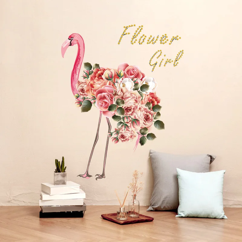 

3D Blosoom Flower On Flamingo Wall Stickers Home Decor Living Room Bedroom Cartoon Animal Wall Decal Pvc Mural Art Diy Poster