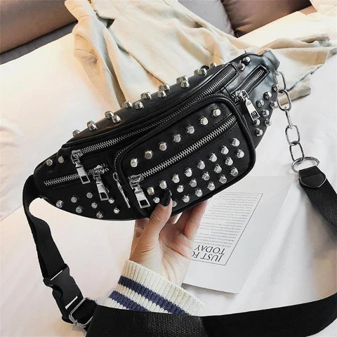 Pacote de Cintura Bolsa de Ombro Pacote de Telefone Ljl estilo Punk Rivet pu Couro Casuais Bolsa Mulheres Funda Cinto Fanny Senhoras Peito Bolsas preto