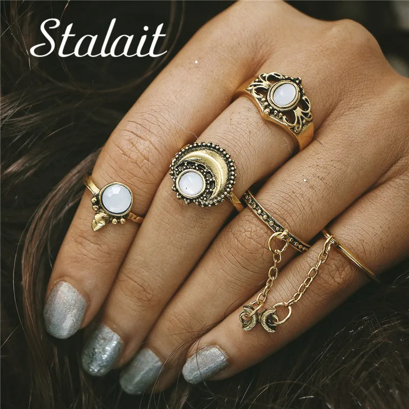 

8 Pcs/set Gold Color Anchor Two Finger Ring Set Oval Clear Stone Joint Ring Chain For Women Boho Knuckle Ring
