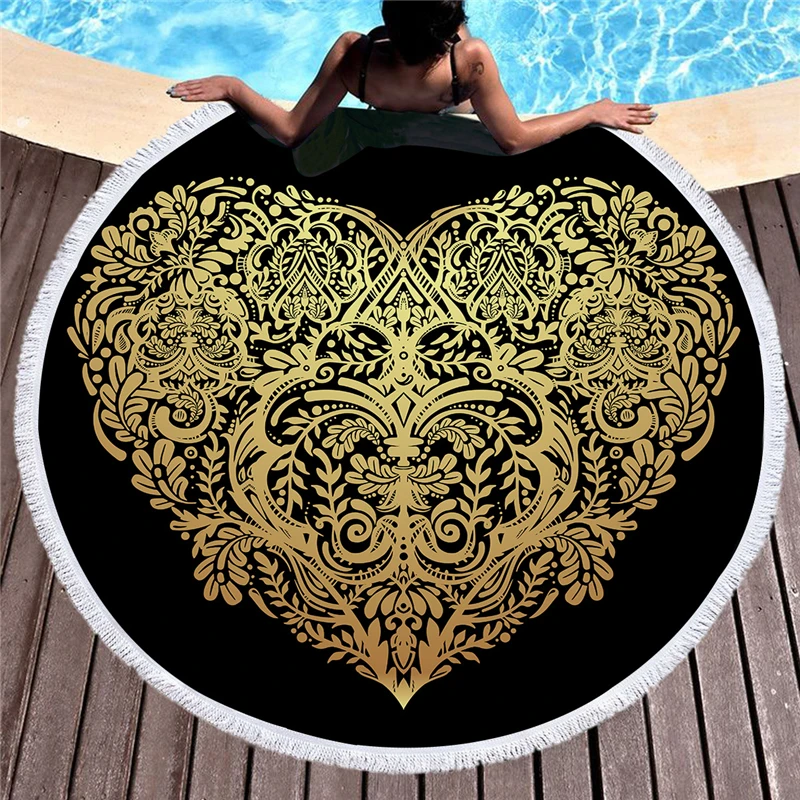 Microfiber Large Black Beach Towel Round 150cm Bohemian Tapestry Blue