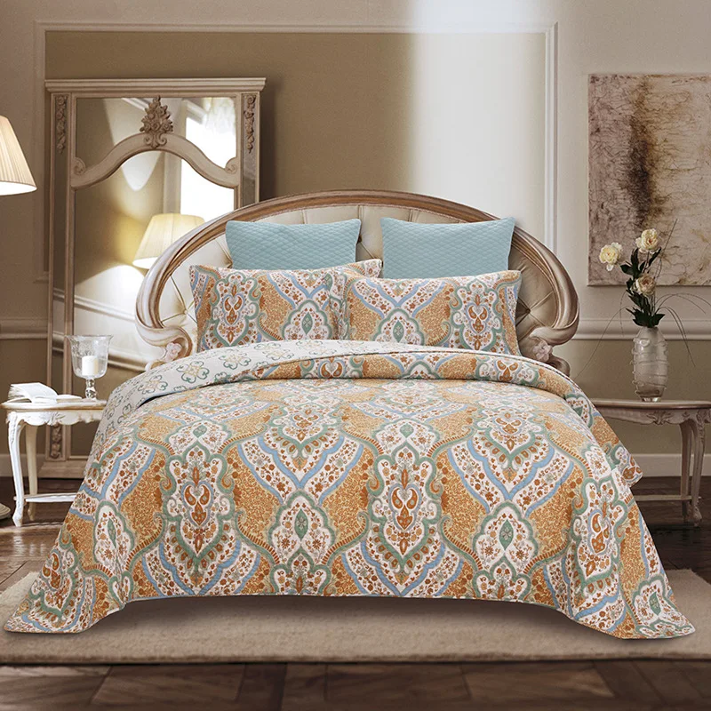 

CHAUSUB Vintage Printed Cotton Bedspread Quilt Set 3PCS AB-side Coverlet Quilted Bed Cover Pillowcase King Queen Size Quilts