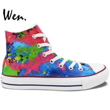 Вэнь дизайн пользовательские ручная роспись обувь разбрызганные чернила Для мужчин Для женщин Подарки на день рождения с высоким берцем цветные, холщовые кроссовки