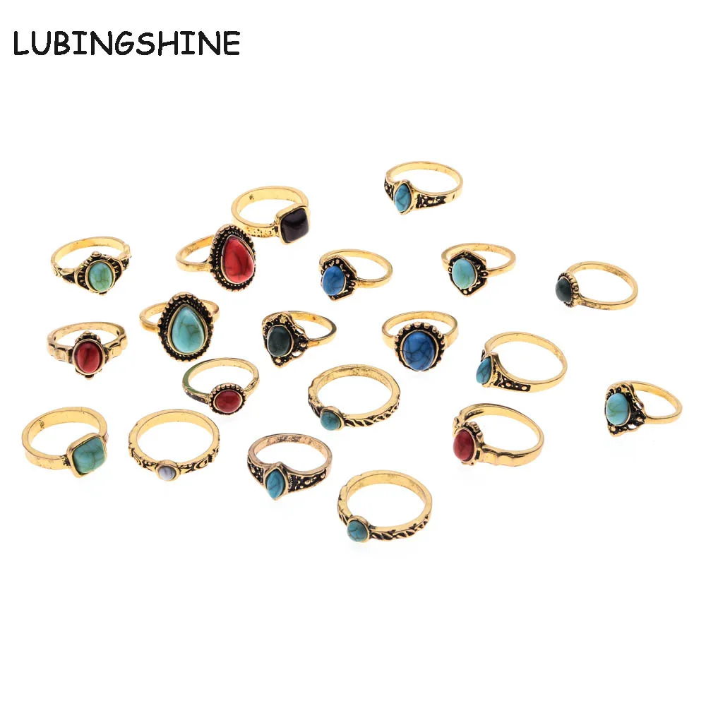 

LUBINGSHINE 10PCS/Lot Women Rings Square/Round/Water Drop Design Faux Stone Vintage Boho Ring anel pedra preta anillos mujer