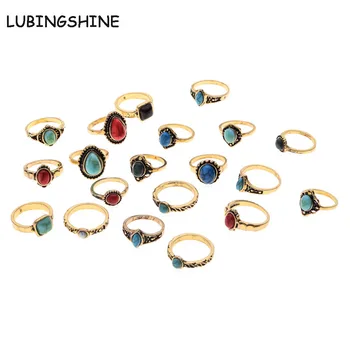 

LUBINGSHINE 10PCS/Lot Women Rings Square/Round/Water Drop Design Faux Stone Vintage Boho Ring anel pedra preta anillos mujer