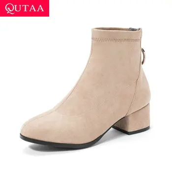 

QUTAA 2020 New Autumn Winter Round Toe Zipper Leisure Ankle Boots Fashion Square Middle Heel Flock Concise Women Shoes Size34-43