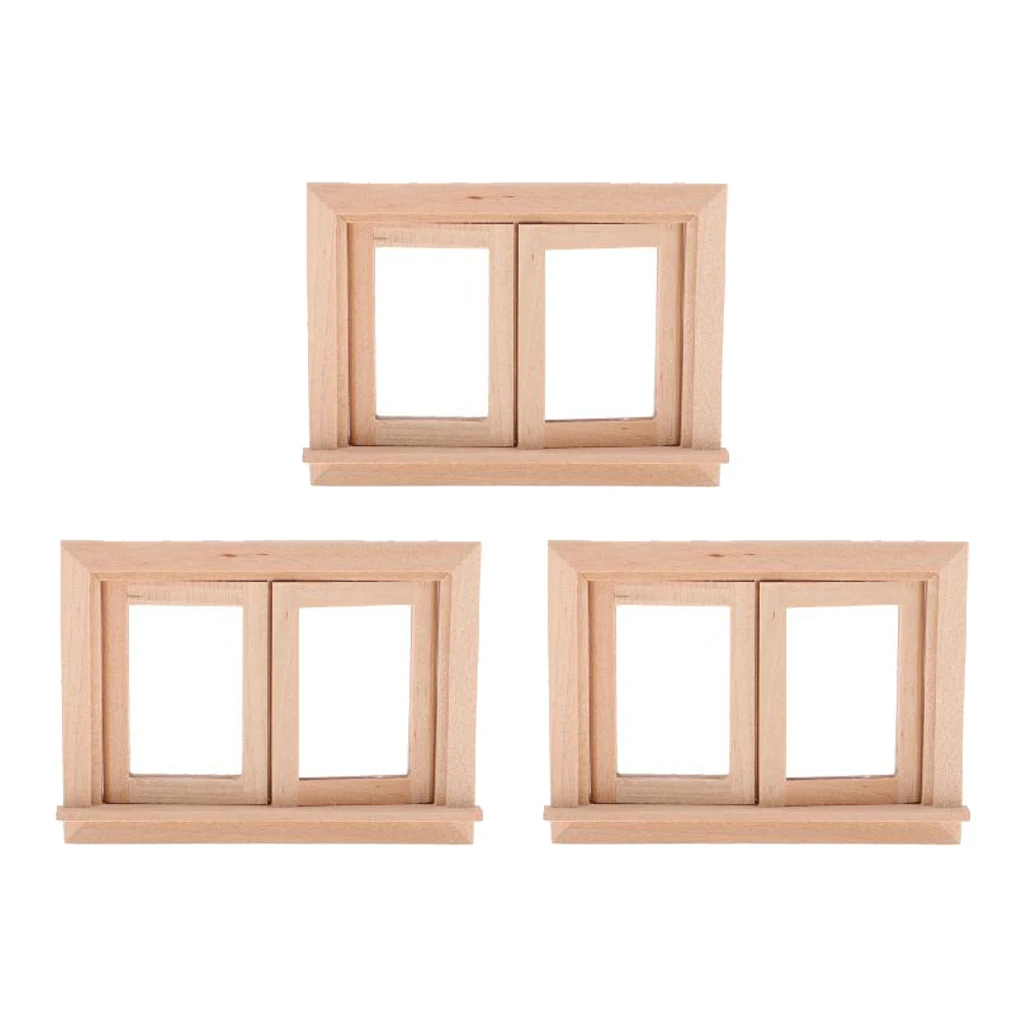 3 Pieces Vintage 1/12 Unpainted Wood 2-Pane Window Frame for Dolls House Room Fairy Garden Decor - Size 9.5 x 7.2cm