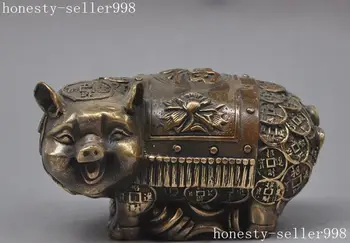

old china fengshui bronze copper wealth Coins pig Swine Porcine lucky statue