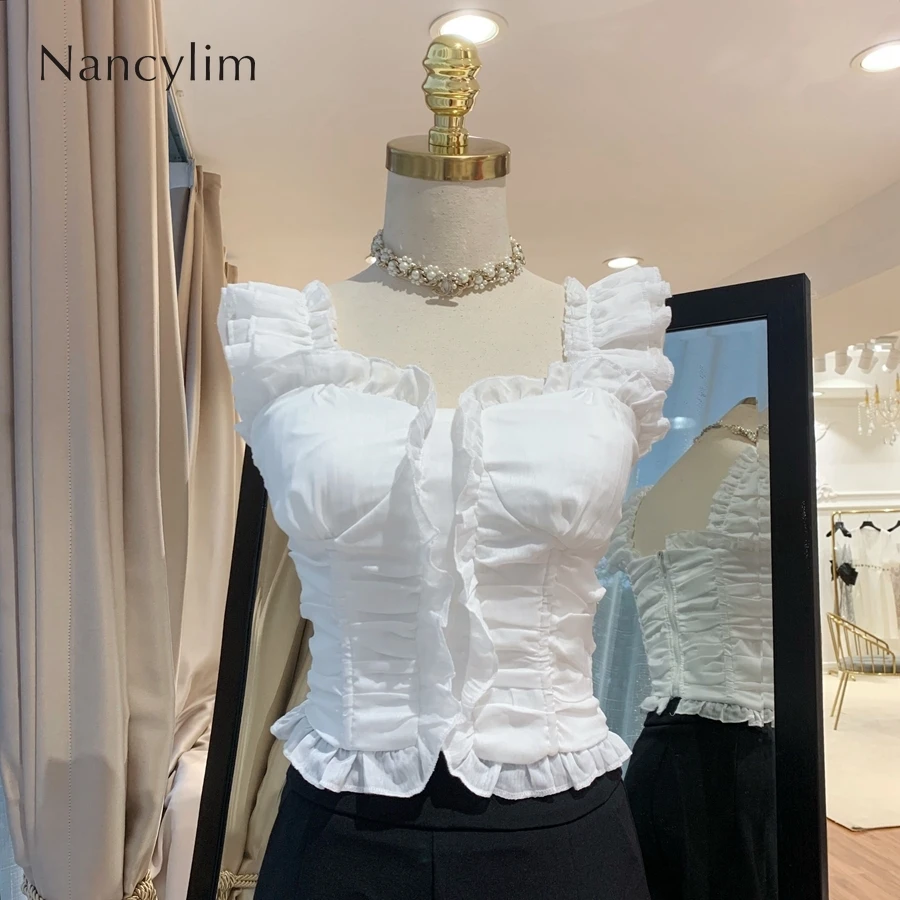 

2019 New Summer Female Fashion French Designer's U-collar Chiffon Top Women Short Shirts Blouse Crop Top Girls Slim Blouses