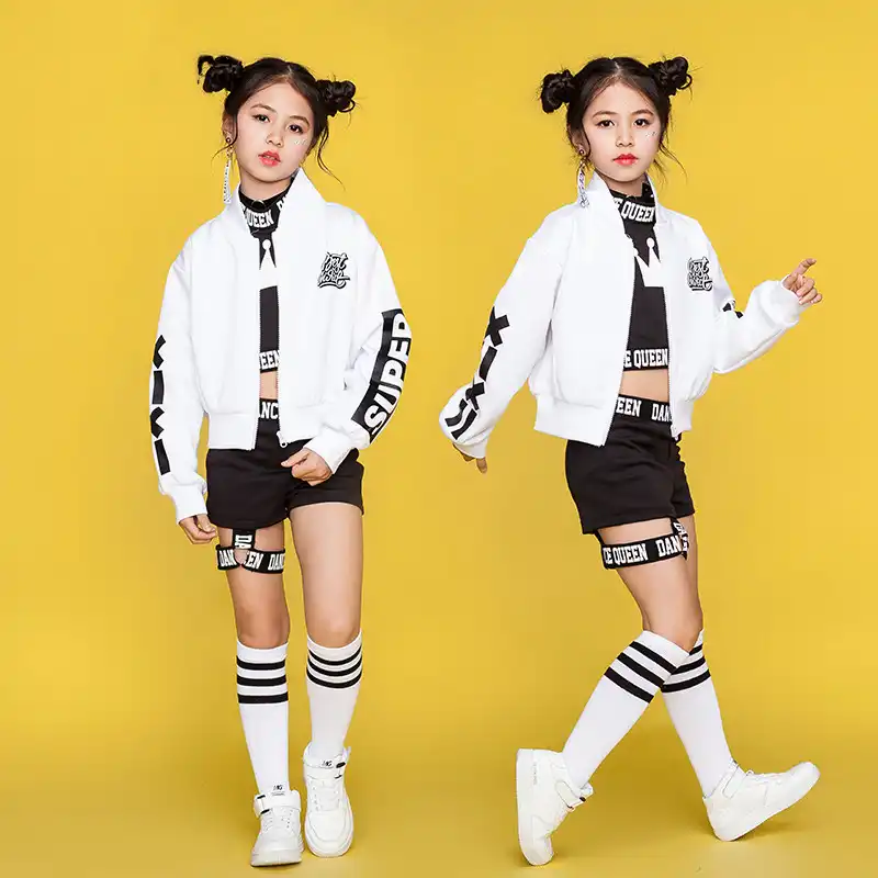 Children Hip Hop Dance Costumes Kids Street Dance Clothing White Jacket Black Vest Shorts Girls Dancewear Stage Outfit Dn1740