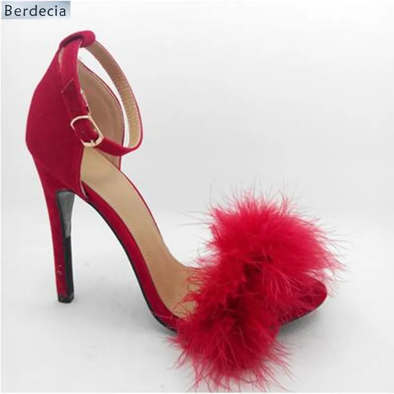 Sexy Super High Heels Women Sandals Open Toe Fur Sandals Women Ankle Buckle Casual Shoes Women Thin Heels Women Party Sandals