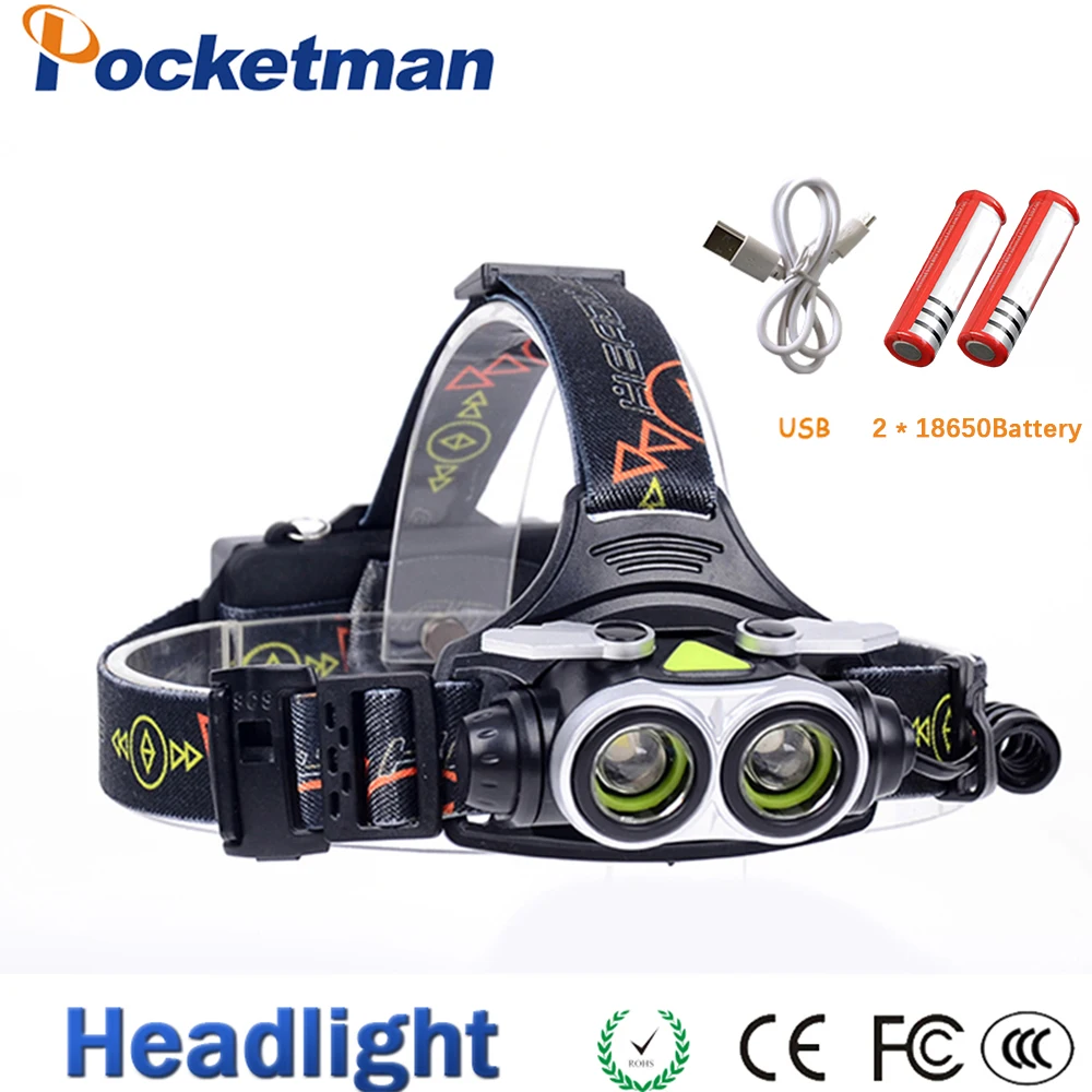 

LED Headlamp Headlight 2 T6 12000LM Head Lamp Flashlight Torch Fishing Hiking Light Lanterna with SOS Whistle USB charger