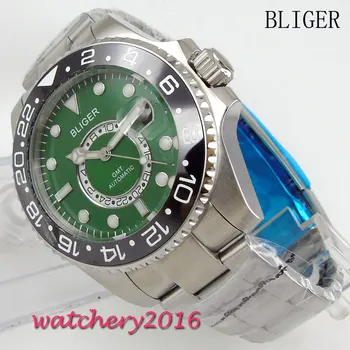 

43mm Bliger Green dial ceramic bezel Men's Mingzhu Movement luminous hands Date adjust GMT sapphire glass Automatic Watch
