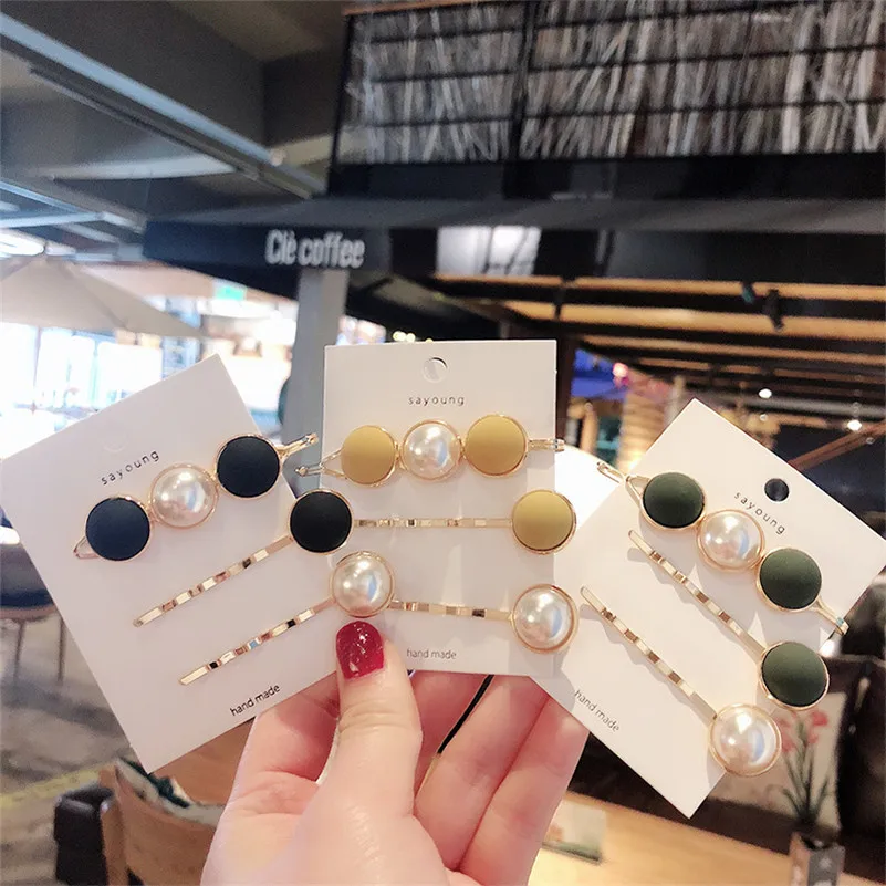 

3PCS/SET Korean Circle Pearl Hair Clip Geometric Alloy Hairband Solid Hairgrip Barrette Fashion Hair Accessories for Women Girls