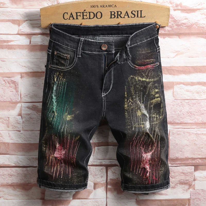 Free Gift Summer Paris Style Men Denim Print Slim Shorts Heavy Metal Paint Casual Outside Man Quality Personal Jeans Short Free Gift Summer Paris Style Men Denim Print Slim Shorts Heavy Metal Paint Casual Outside Man Quality Personal Jeans Short