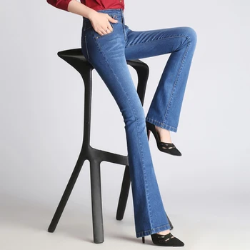 

Brand Pants Lady 2019 Beautiful Embroidery Red Flower Pants Elastic Skinny Flare Jeans Women Plus Size High Waist Blue Trousers