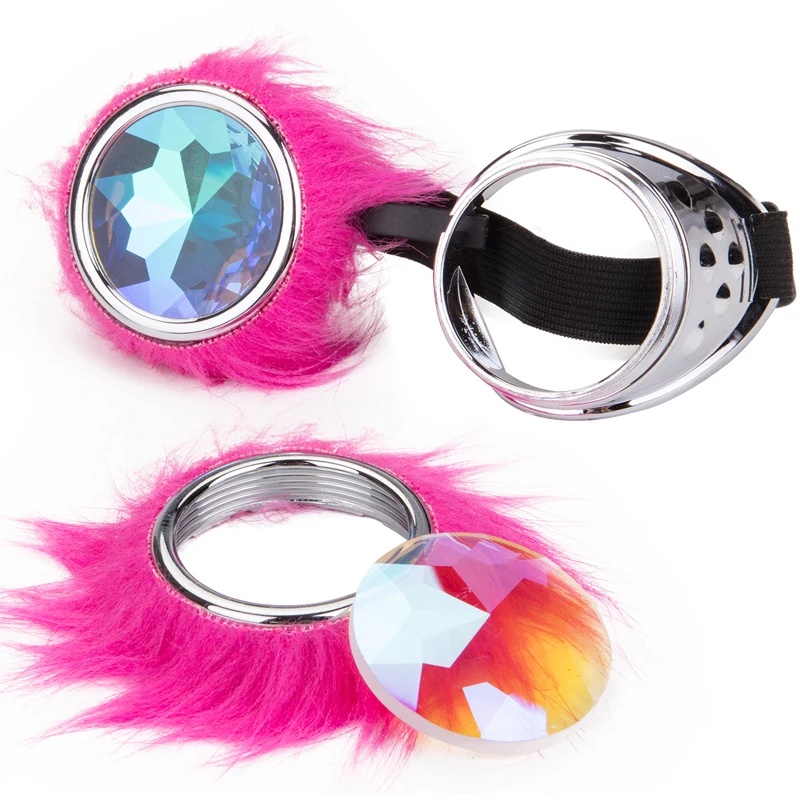 

C.F.GOGGLE Kaleidoscope Lens Rave Festival Party EDM Glasses Cosplay Punk Vintage Glass Goggles Cute Pink Hairy Decoration