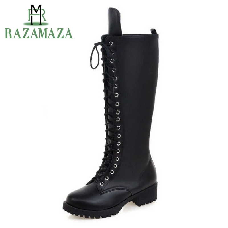 

RAZAMAZA New Designer Womens Square Low Heel Riding Motorcycle Heel Knee High Boots Punk Gothic Platform Lace Up Shoes Size34-43