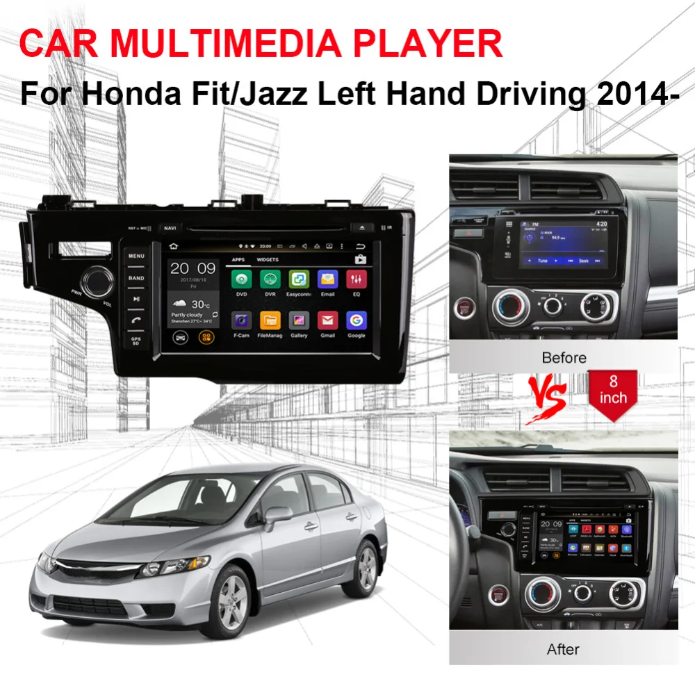 Best Android 8.0 Octa Core 4GB+32GB Car PC GPS Head Unit For Honda Fit/Jazz Left Hand Driving 2014- Radio Stereo Bluetooth Video Wifi 4