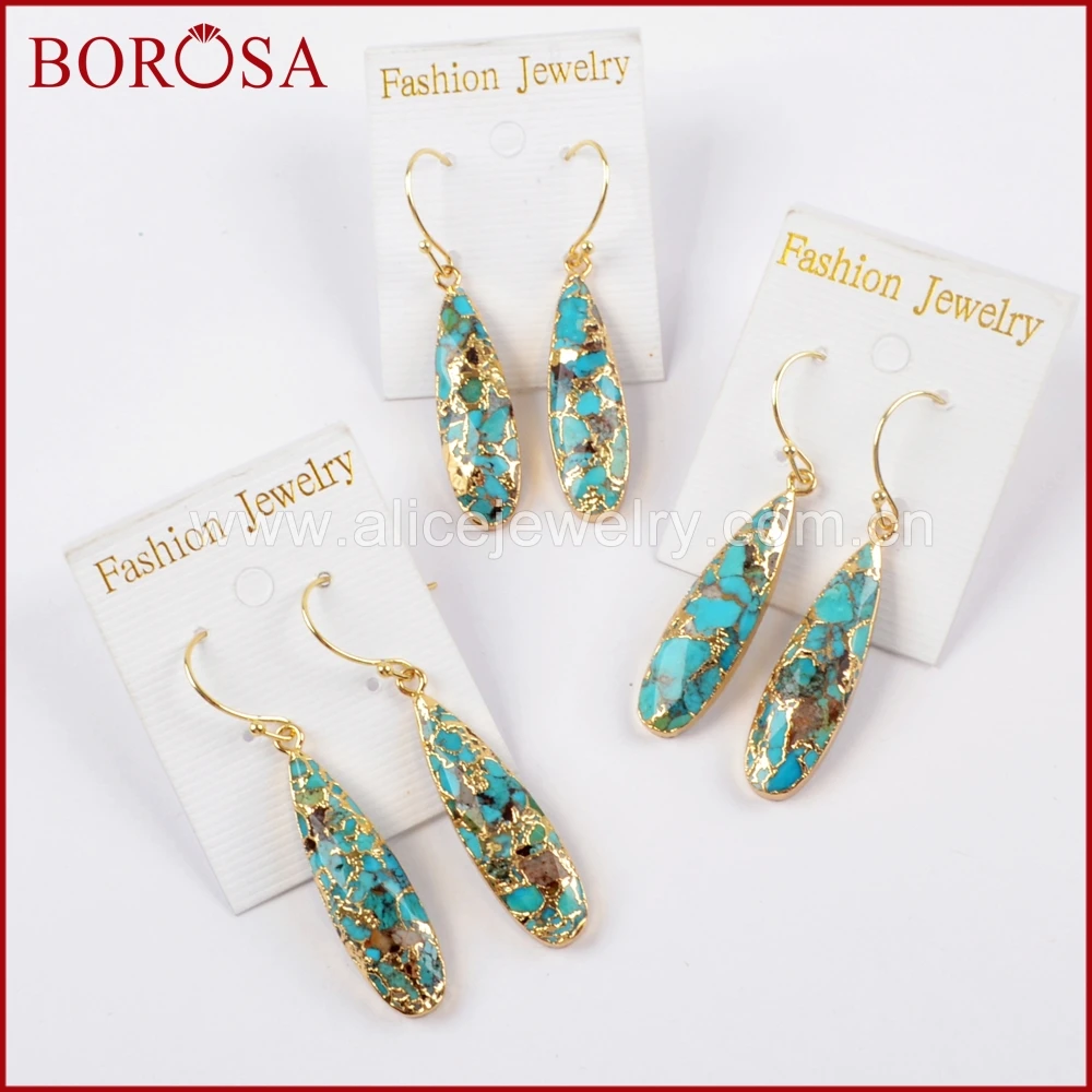 

BOROSA 1Pair High Quality Teardrop Gold/Silver Color Natural Copper Turquoises Drop Earrings Gems Jewelry for Women G1547-E