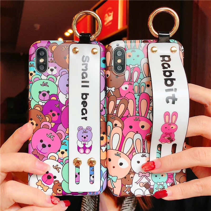 

Cute cartoon rabbit bear wrist strap Support functions soft shell phone Case For Apple iphone 6 6s 7 8 Plus X XS XR MAX