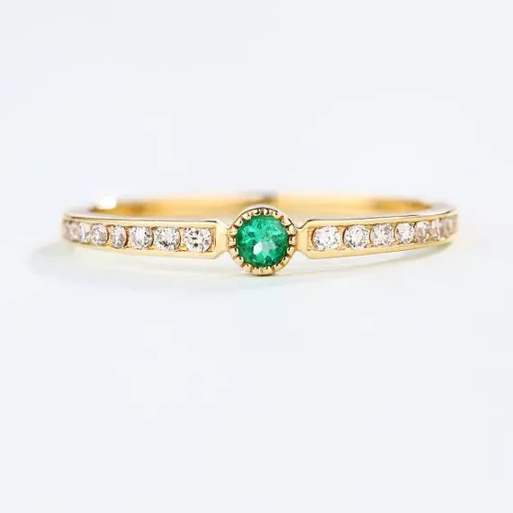 

MYRAY Green Emerald Wedding Band Engagement Ring 14k Yellow Gold Round Cut Bridal Set Women Men Anniversary Gift Birthstone Ring