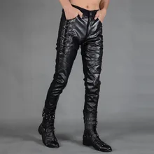 Мотоциклетные брюки из искусственной кожи мужские повседневные штаны высокого качества PU Облегающие штаны для мужчин модные тонкие молния сращивания черные осенние